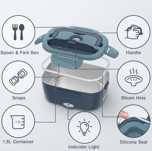 Electric Heated Lunch Box, 1.5L, 110V & 12V/24V, with Insulated Carry Bag