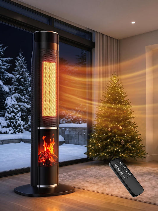 1500W Ceramic Tower Heater with 3D Flame Effect, 120° Oscillation and Remote