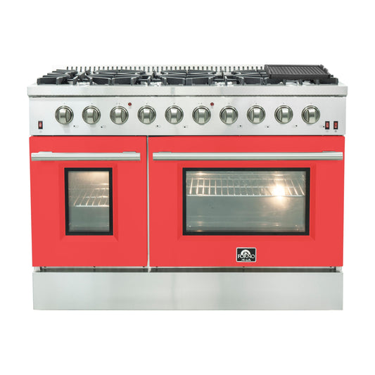 Forno Galiano 48-Inch Gas Range, 8 Sealed Brass Burners, 6.58 cu. ft. Double Oven, Red Stainless Steel, Model FFSGS6244-48RED