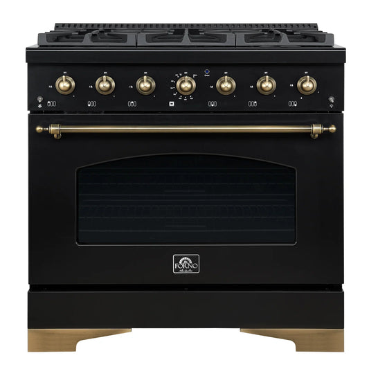 FORNO Antico 36 in. Gas Range, 4.5 cu. ft., 6 Sealed Burners, Black with Antique Brass Accents (Model FFSGS6219-36BLK)