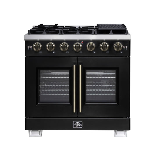 Forno Capriasca 36-Inch French Door Gas Range, 5.36 cu. ft. Oven, 6 Sealed Gas Burners, Air Fry Basket, Rotisserie Kit, Wok Ring and Griddle, Black with Antique Brass Accents (Model FFSGS6460-36BLK)