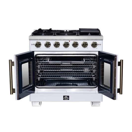 Forno Capriasca 36-Inch Gas Range with French Door Oven, 6 Sealed Burners, 5.36 cu. ft. Capacity, Air Fry Kit, Rotisserie, Wok Ring, Griddle, White with Antique Brass Accents (Model FFSGS6460-36WHT)