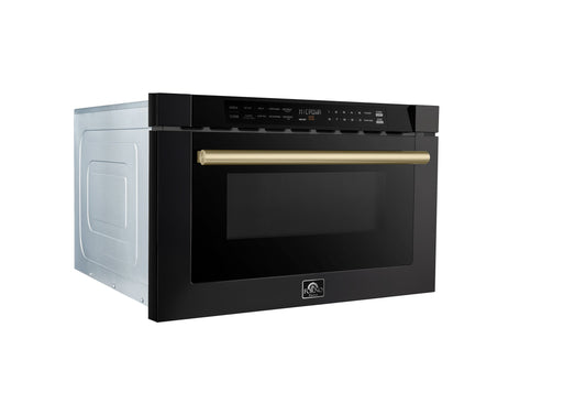 FORNO Capoliveri 24-Inch Built-In Microwave Drawer, 1.2 cu. ft., Black with Antique Brass Handle (Model FMWDR3000-24BLK)