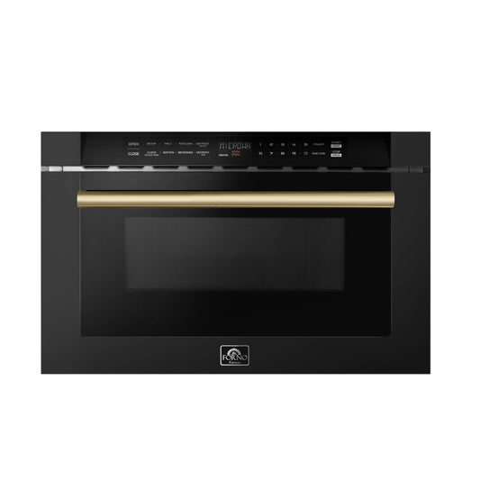 FORNO Capoliveri 24-Inch Built-In Microwave Drawer, 1.2 cu. ft., Black with Antique Brass Handle (Model FMWDR3000-24BLK)