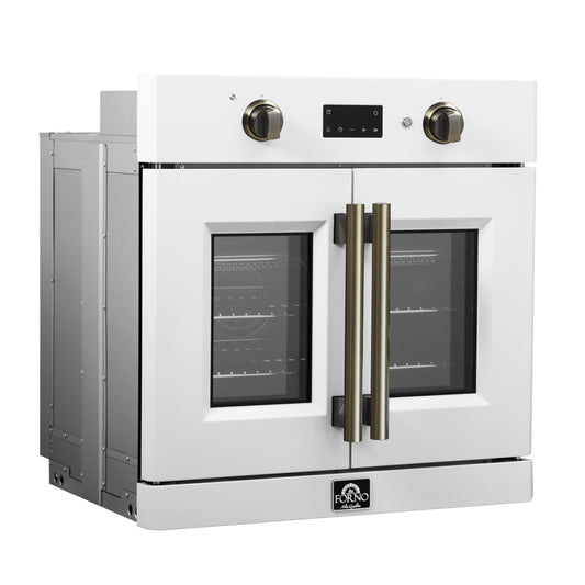 FORNO Asti 30-Inch Electric Wall Oven, 3.58 cu ft, French Door, Air Fry, Sous Vide, Self-Clean, White with Antique Brass Accents (FBOEL1333-30WHT)
