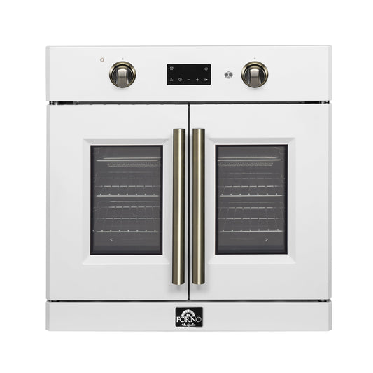 FORNO Asti 30-Inch Electric Wall Oven, 3.58 cu ft, French Door, Air Fry, Sous Vide, Self-Clean, White with Antique Brass Accents (FBOEL1333-30WHT)