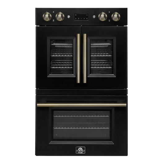 FORNO Asti 30-Inch Double Electric Wall Oven, 7.36 Cu. Ft., French Door, Air Fry, Self-Clean, Sous Vide, Black with Antique Brass Accents (FBOEL1340-30BLK)