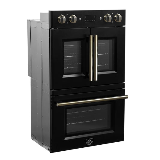 FORNO Asti 30-Inch Double Electric Wall Oven, 7.36 Cu. Ft., French Door, Air Fry, Self-Clean, Sous Vide, Black with Antique Brass Accents (FBOEL1340-30BLK)
