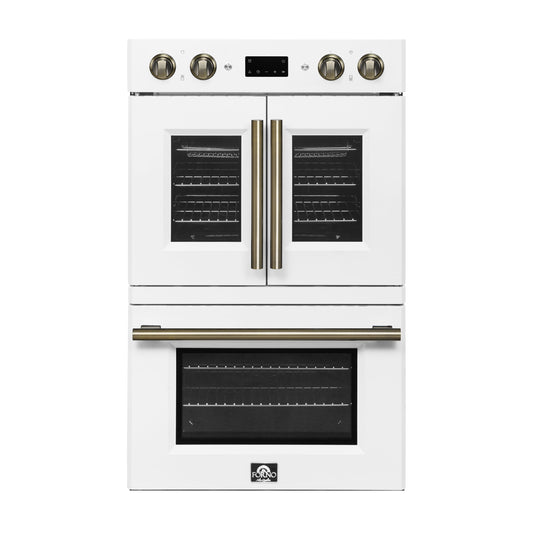 FORNO Asti 30-Inch French Door Double Electric Wall Oven, 7.36 cu. ft., Air Fry, Self-Clean, Sous Vide, White with Antique Brass Accents (FBOEL1340-30WHT)