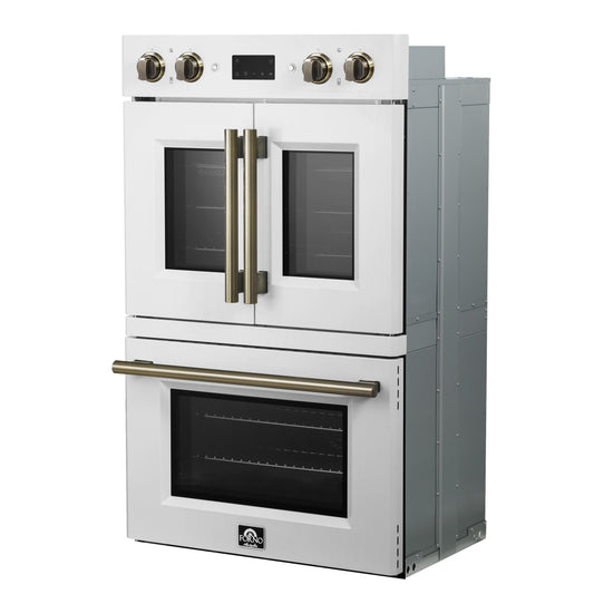 FORNO Asti 30-Inch French Door Double Electric Wall Oven, 7.36 cu. ft., Air Fry, Self-Clean, Sous Vide, White with Antique Brass Accents (FBOEL1340-30WHT)