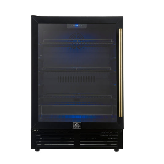 FORNO Frescolino 24-Inch Built-In Beverage Cooler, 188-Can Capacity, Triple Glass Door, LED Lighting, Black with Antique Brass Accents (FWCDR6665-24BLK)