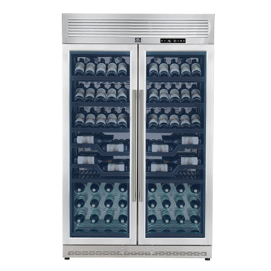 FORNO Abruzzo 48-Inch Dual Zone Wine Cooler, 24 cu.ft., 102-Bottle Capacity, Black Shelves with Green Acrylic Holders (FWCDR6610-48S)