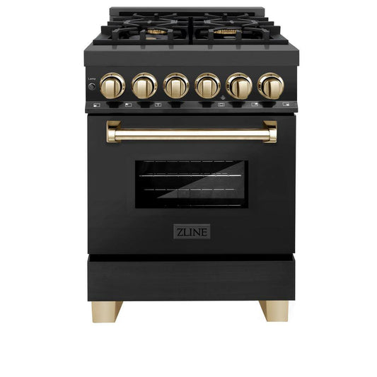 ZLINE 24 in. Autograph Edition Dual Fuel Range in Black Stainless Steel with Gold Accents (RABZ-24-G)