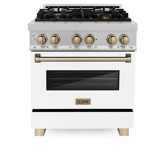 ZLINE Autograph 30 in. Legacy Dual Fuel Range 4.0 cu. ft., 4 Burner Gas Cooktop, Electric Convection Oven, Satin Stainless Steel with White Matte Door & Champagne Bronze Accents (RASZ-WM-30-CB)