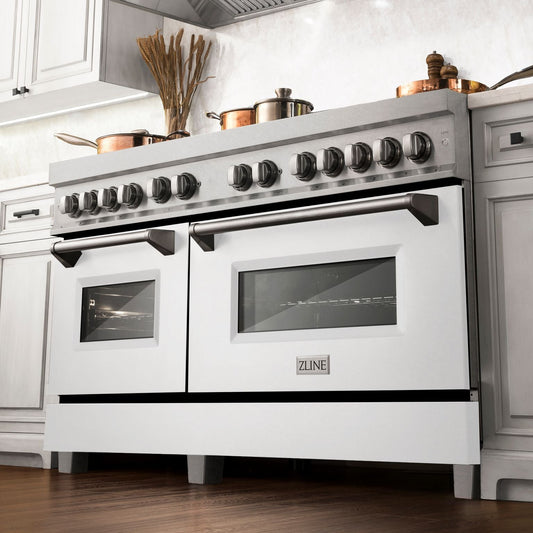 ZLINE 60 in. 7.4 cu. ft. Legacy Dual Fuel Range with 9 Burner Gas Cooktop and Double Electric Convection Ovens in Satin Stainless Steel with White Matte Doors (RAS-WM-60)
