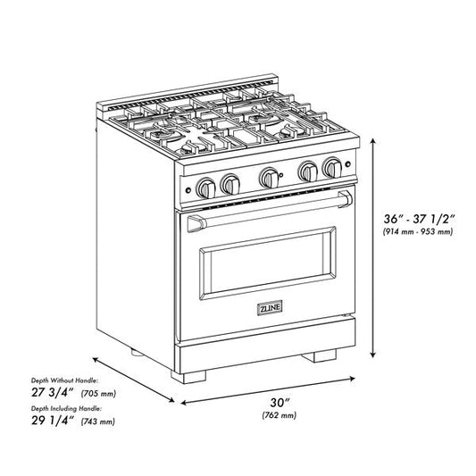 ZLINE 30 in. Dual Fuel Range 4.2 cu. ft. Gas Cooktop with 4 Burners & Electric Convection Oven Satin Stainless Steel with Black Matte Door (CDRS-BLM-30)
