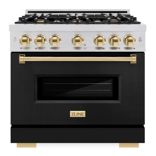ZLINE 36 in. Dual Fuel Range 5.2 cu. ft. 6 Burner Gas Cooktop Electric Convection Oven Stainless Steel Black Matte Door Polished Gold Accents (CDRZ-BLM-36-G)