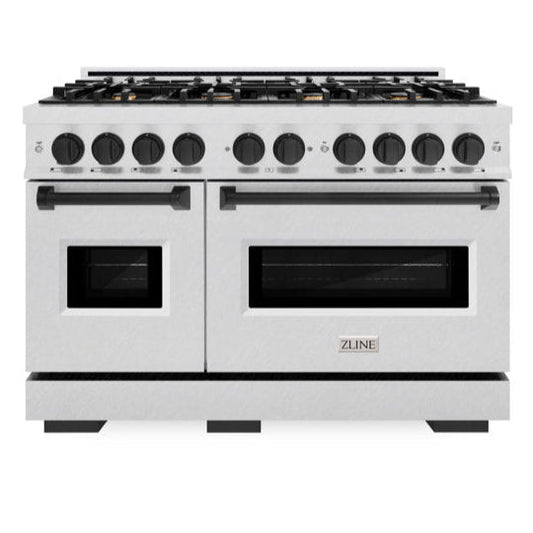 ZLINE Autograph Edition 48 in. Classic Double Oven Gas Range with 8 Burners, 6.7 cu. ft., Satin Stainless Steel with Matte Black Accents (CGRSZ-48-MB)