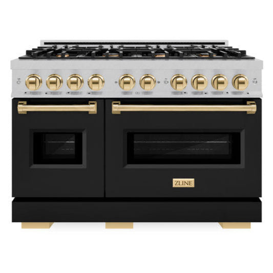 ZLINE 48 in. Double Oven Gas Range 6.7 cu. ft. 8 Burners Satin Stainless Steel Black Matte Doors Polished Gold Accents (CGRSZ-BLM-48-G)
