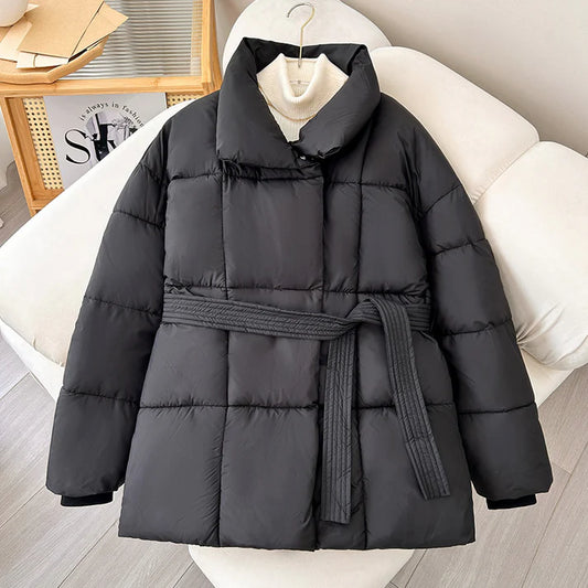 Petite Belted Mid-Length Puffer Coat – Winter Thermal Warm Jacket for Women