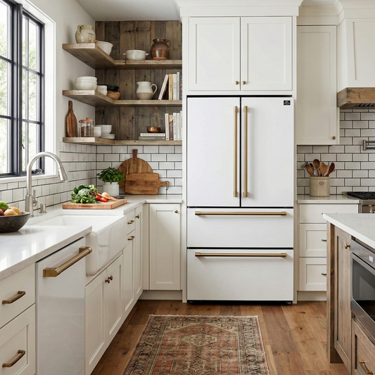 Forno Moena 36-Inch Counter-Depth Refrigerator with Ice Maker, 19.2 Cu. Ft., White with Antique Brass Handles (FFRBI1820-36WHT)