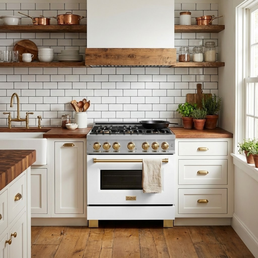 ZLINE Autograph Edition 36 in. Select Dual Fuel Range, 5.2 cu. ft., 6 Burner Gas Cooktop, Electric Convection Oven, Stainless Steel with White Matte Door and Polished Gold Accents (HDRZ-WM-36-G)