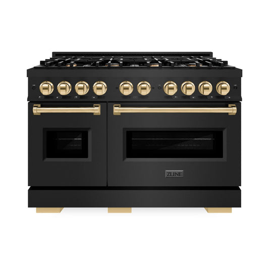 ZLINE 48 in. Dual Fuel Range Double Oven 6.7 cu. ft. Capacity 8 Burners Black Stainless Steel with Polished Gold Accents (CDRBZ-48-G)