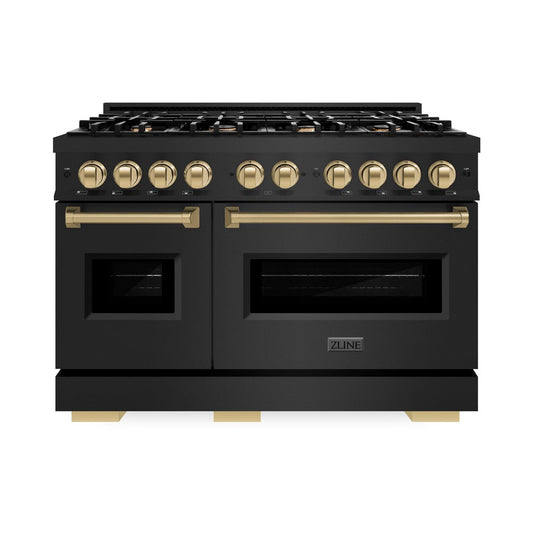 ZLINE 48 in. Gas Range Double Oven 6.7 cu. ft. 8 Burners Black Stainless Steel with Champagne Bronze Accents (CGRBZ-48-CB)