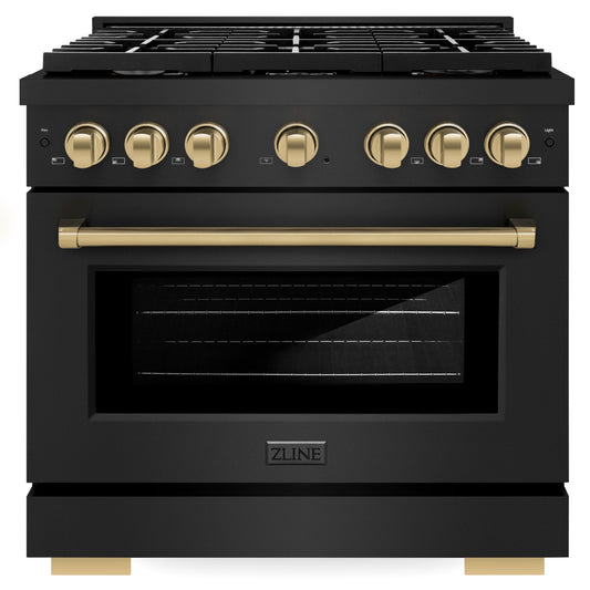 ZLINE Autograph Edition 36 in. 5.2 cu. ft. Gas Range with 6 Burners and Convection Gas Oven in Black Stainless Steel with Bronze Accents (Model SGRBZ-36-CB)