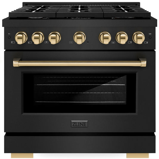 ZLINE Autograph Edition 36 in. 5.2 cu. ft. Paramount Gas Range with 6 Burners and Convection Gas Oven in Black Stainless Steel with Gold Accents (SGRBZ-36-G)