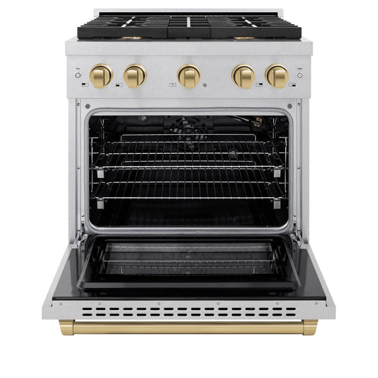 ZLINE Autograph Edition 30 in. Paramount Dual Fuel Range 4.2 cu. ft., 4 Gas Burners, Electric Convection Oven, Satin Stainless Steel with Champagne Bronze Accents, SDRSZ-30-CB
