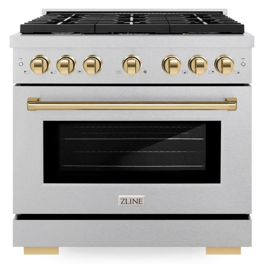 ZLINE Autograph Edition 36 in. Paramount Dual Fuel Range, 5.2 cu. ft. Electric Convection Oven, 6-Burner Gas Cooktop, Satin Stainless Steel with Polished Gold Accents (SDRSZ-36-G)