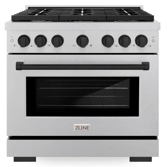 ZLINE Autograph Edition 36 in. Paramount Dual Fuel Range, 5.2 cu. ft. Electric Convection Oven, 6 Burner Gas Cooktop, Satin Stainless Steel with Matte Black Accents (SDRSZ-36-MB)