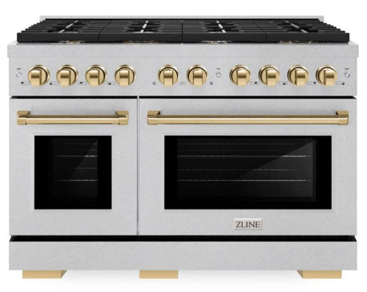 ZLINE Autograph 48 in. Paramount Double Oven Dual Fuel Range, 6.7 cu. ft., 8 Burner Gas Cooktop, Electric Convection Ovens, Satin Stainless Steel with Polished Gold Accents (SDRSZ-48-G)