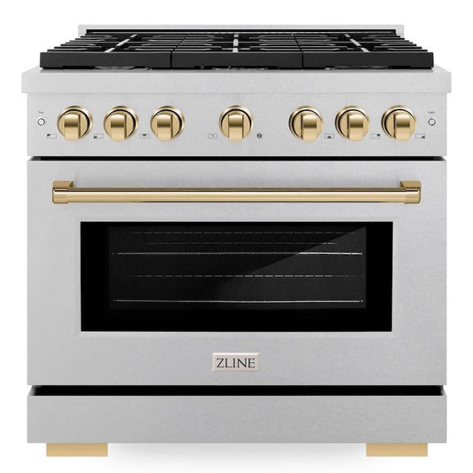 ZLINE Autograph Edition 36 in. 5.2 cu. ft. Paramount Gas Range with 6 Burners and Convection Oven in Satin Stainless Steel with Polished Gold Accents (SGRSZ-36-G)