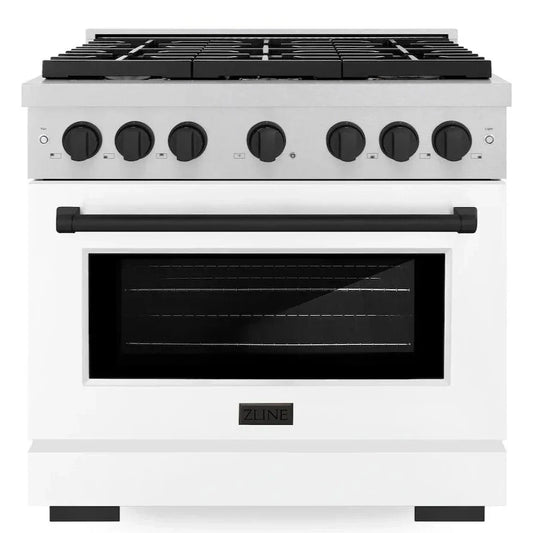 ZLINE Autograph Edition 36 in. 5.2 cu. ft. Paramount Gas Range with 6 Burners and Convection Gas Oven in Satin Stainless Steel with White Matte Door and Matte Black Accents (SGRSZ-WM-36-MB)