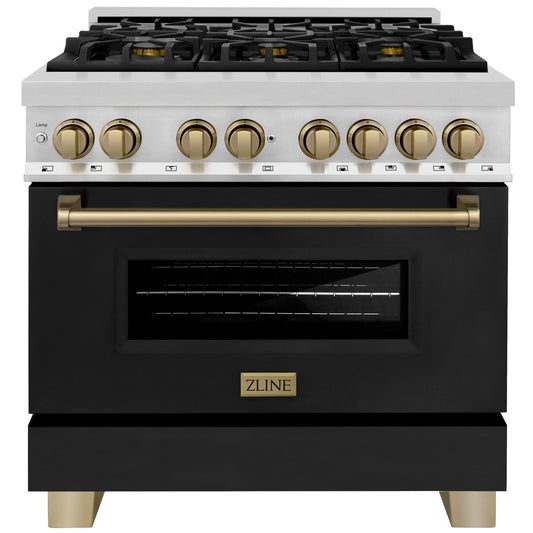 ZLINE Autograph Edition 36 in. 4.6 cu. ft. Dual Fuel Range with Gas Cooktop and Electric Oven, Black Matte Door with Champagne Bronze Accents (RAZ-BLM-36-CB)