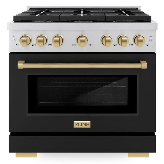 ZLINE Autograph Edition 36 in. Paramount Dual Fuel Range 5.2 cu. ft. with 6 Gas Burners, Electric Convection Oven, Stainless Steel with Black Matte Door and Champagne Bronze Accents (SDRZ-BLM-36-CB)