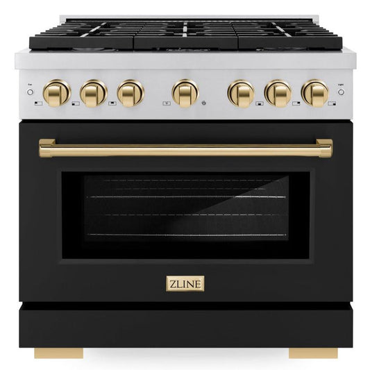 ZLINE Autograph Edition 36 in. Paramount Dual Fuel Range 5.2 cu. ft. with 6 Gas Burners, Electric Convection Oven, Stainless Steel with Black Matte Door & Polished Gold Accents (SDRZ-BLM-36-G)
