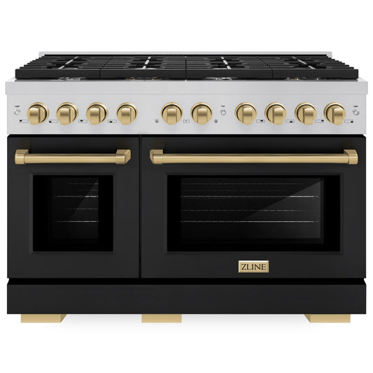 ZLINE Autograph 48 in. 6.7 cu. ft. Paramount Double Oven Gas Range with 8 Burners in Stainless Steel with Black Matte Doors and Champagne Bronze Accents (SGRZ-BLM-48-CB)