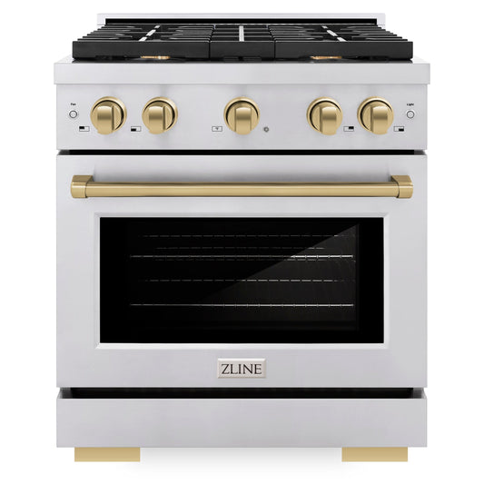 ZLINE Autograph Edition 30 in. Paramount Dual Fuel Range, 4 Burners, 4.2 cu. ft. Electric Convection Oven, Stainless Steel with Champagne Bronze Accents (SDRZ-30-CB)