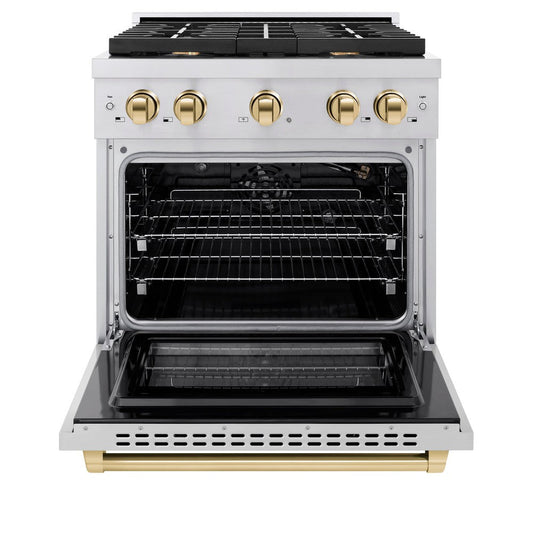 ZLINE Autograph Edition 30 in. Paramount Dual Fuel Range 4.2 cu. ft. with 4 Gas Burners and Electric Convection Oven in Stainless Steel with Polished Gold Accents (SDRZ-30-G)