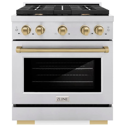 ZLINE Autograph Edition 30 in. 4.2 cu. ft. Paramount Gas Range with 4 Burners and Convection Gas Oven in Stainless Steel with Champagne Bronze Accents (SGRZ-30-CB)
