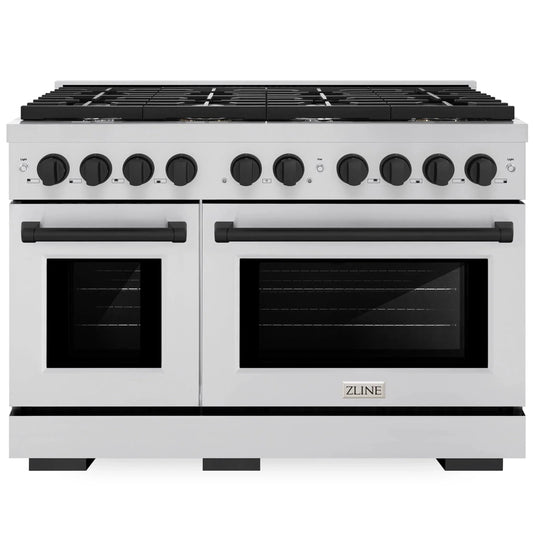 ZLINE Autograph Edition 48 in. 6.7 cu. ft. Paramount Double Oven Gas Range with 8 Burners in Stainless Steel with Matte Black Accents (SGRZ-48-MB)
