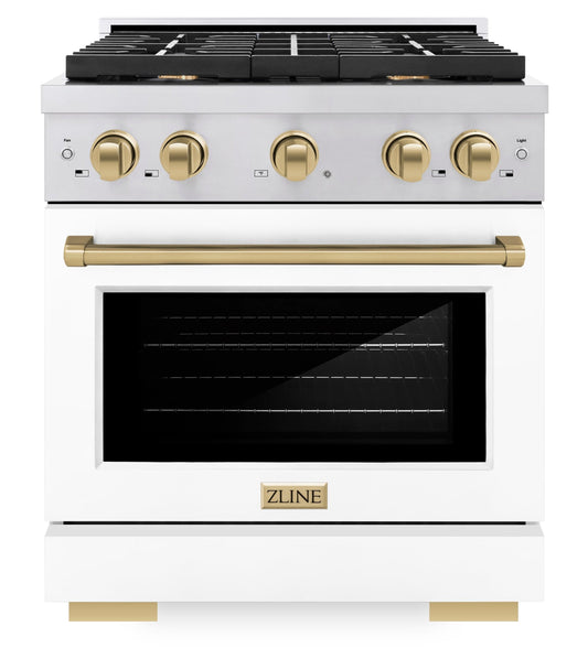 ZLINE Autograph 30 in. Paramount Dual Fuel Range, 4 Burners, 4.2 cu. ft. Electric Convection Oven, White Matte Door with Champagne Bronze Accents, SDRZ-WM-30-CB