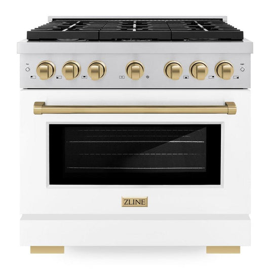 ZLINE Autograph Edition 36 in. 5.2 cu. ft. Paramount Dual Fuel Range with 6 Burner Gas Cooktop, Electric Convection Oven, White Matte Door and Champagne Bronze Accents (SDRZ-WM-36-CB)