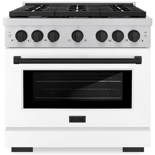 ZLINE Autograph Paramount 36 in. 5.2 cu. ft. Gas Range with Convection Gas Oven, 6 Burners, Stainless Steel with White Matte Door and Matte Black Accents (SGRZ-WM-36-MB)
