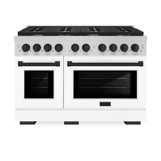 ZLINE Autograph 48" Double Oven Gas Range, 6.7 cu. ft., Stainless Steel with White Matte Doors and Matte Black Accents (SGRZ-WM-48-MB)