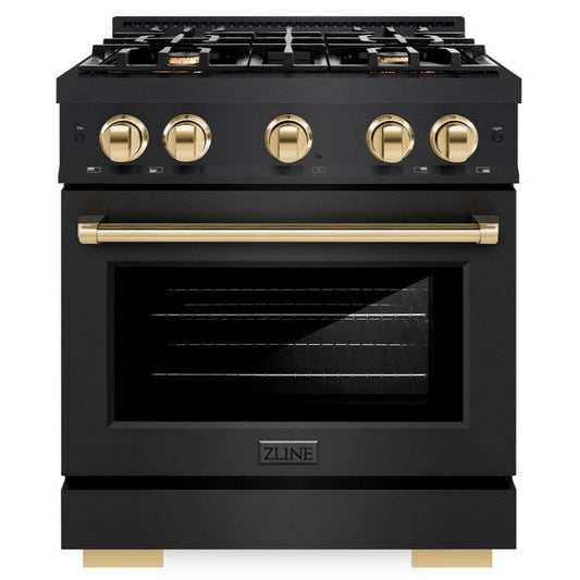 ZLINE 30 in. Dual Fuel Range 4.2 cu. ft. 4 Burner Gas Cooktop Electric Convection Oven Black Stainless Steel Polished Gold Accents (HDRBZ-30-G)
