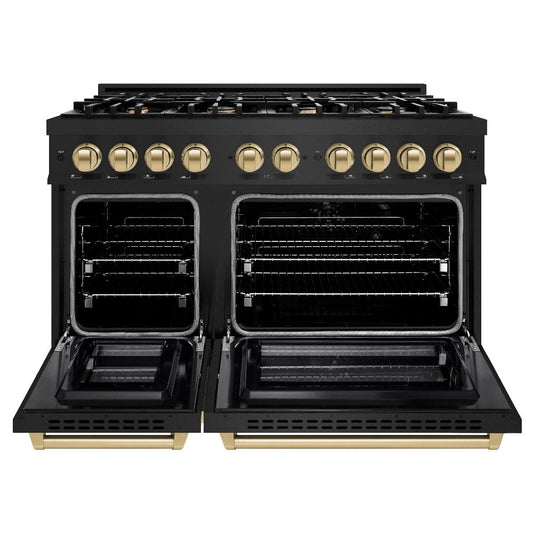 ZLINE 48 in. Dual Fuel Range 6.7 cu. ft. Double Oven with 8 Gas Burners, Black Stainless Steel, Champagne Bronze Accents (HDRBZ-48-CB)